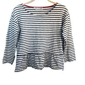 Acote Womens Sz 0 Navy Cream Striped Shirt Peplum Cotton Nautical Classic Sailor